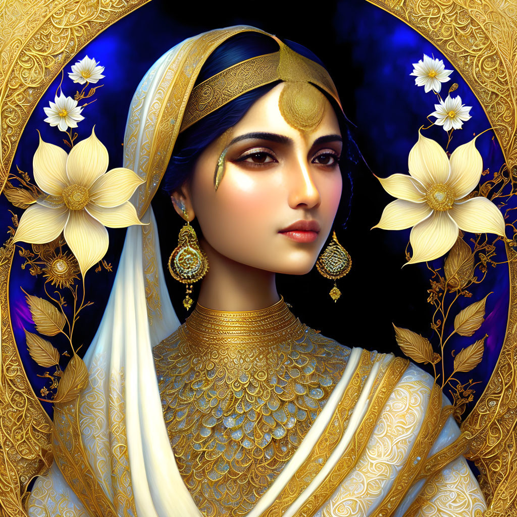 Traditional Indian Attire and Jewelry Illustration with Golden Flowers and Blue Patterns