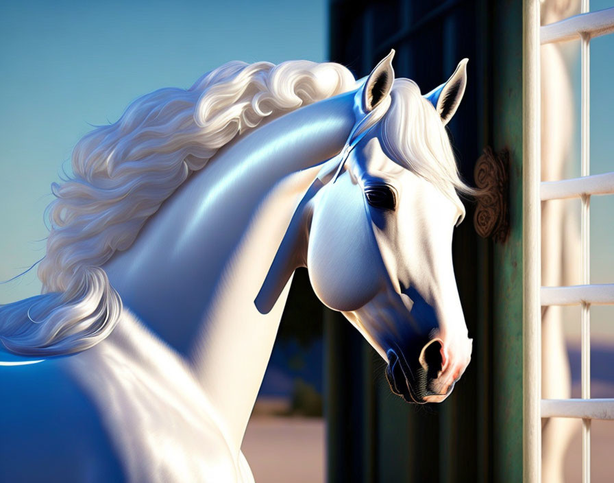 White Horse with Flowing Mane on Blue Background: Detailed Textures and Vibrant Contrast