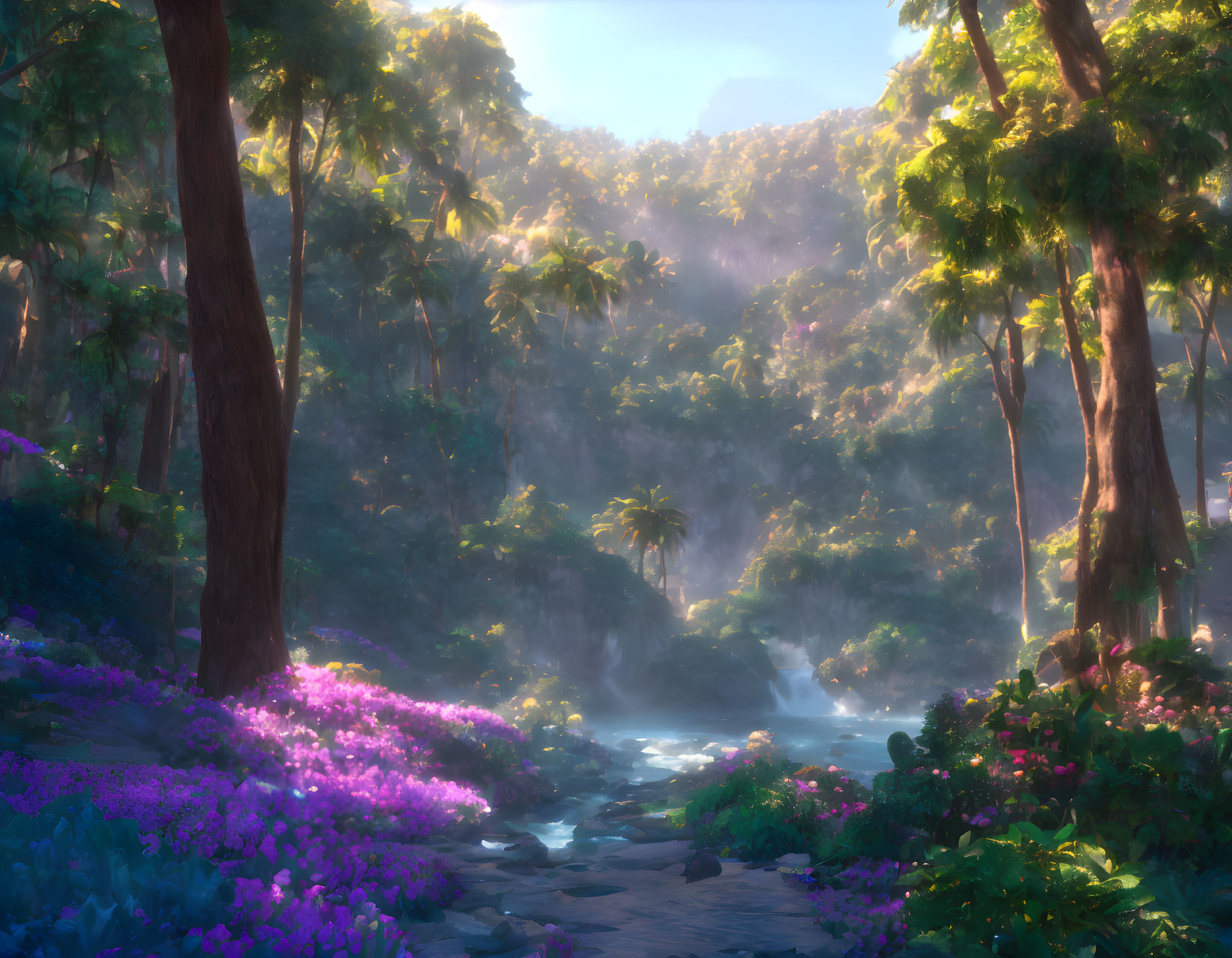 Tranquil Forest Stream with Sunlight and Purple Flowers