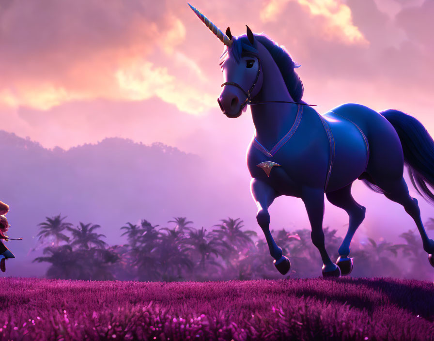 Majestic animated unicorn on purple field at sunset with dreamy landscape