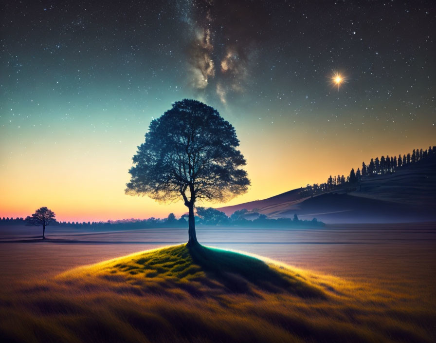 Solitary tree on grassy hill under starry night sky and glowing horizon.