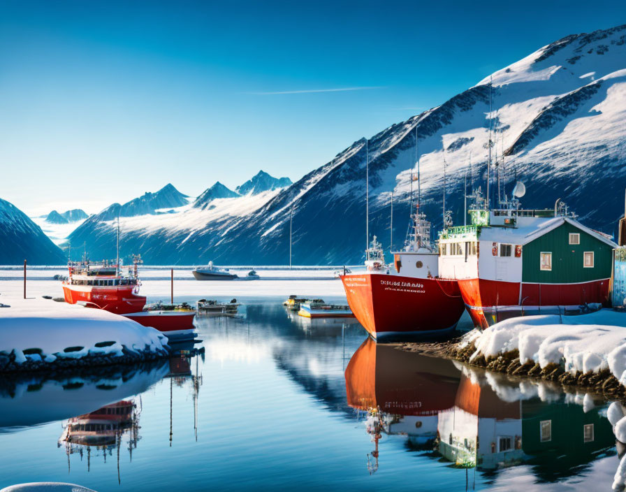 Snow-covered shoreline: Two red ships docked by green buildings, reflecting in calm waters with mountain peaks
