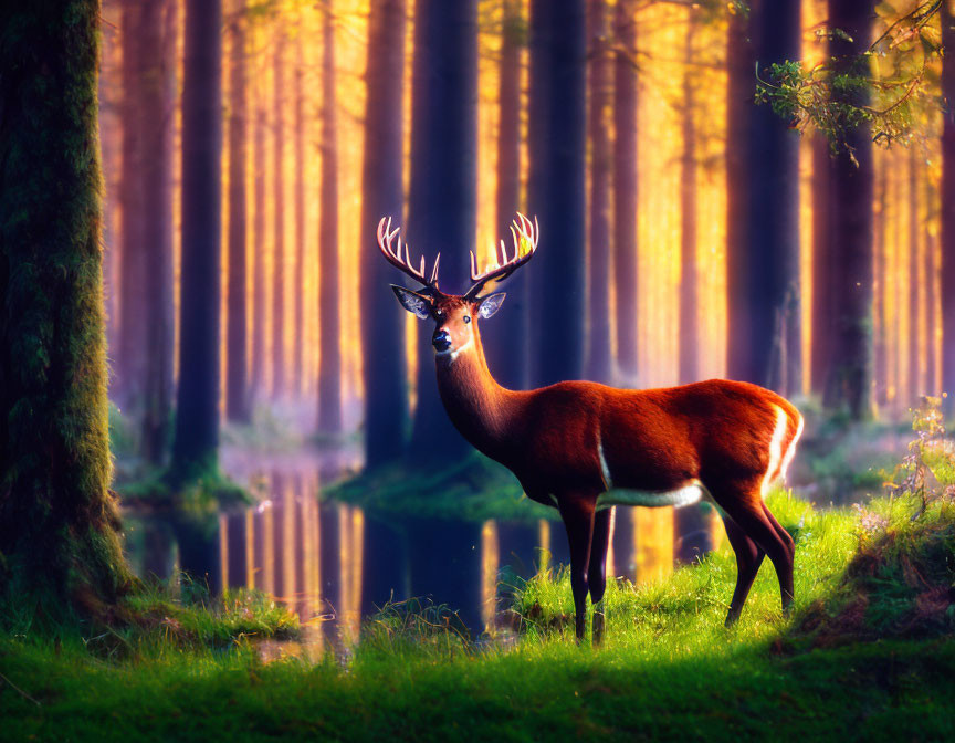 Majestic deer with antlers by tranquil forest waterbody