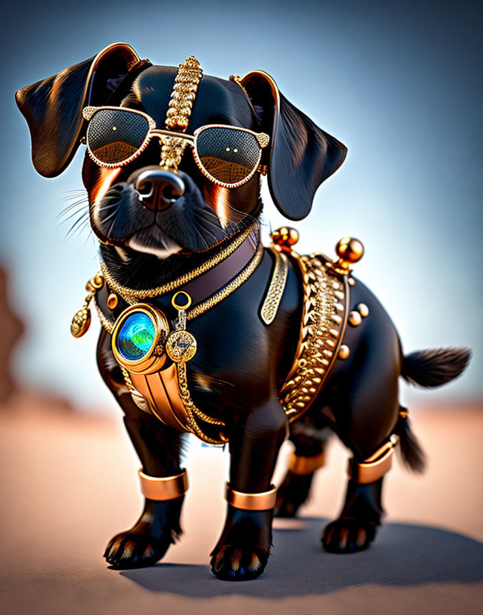 Stylized digital illustration of a dog in gold accessories