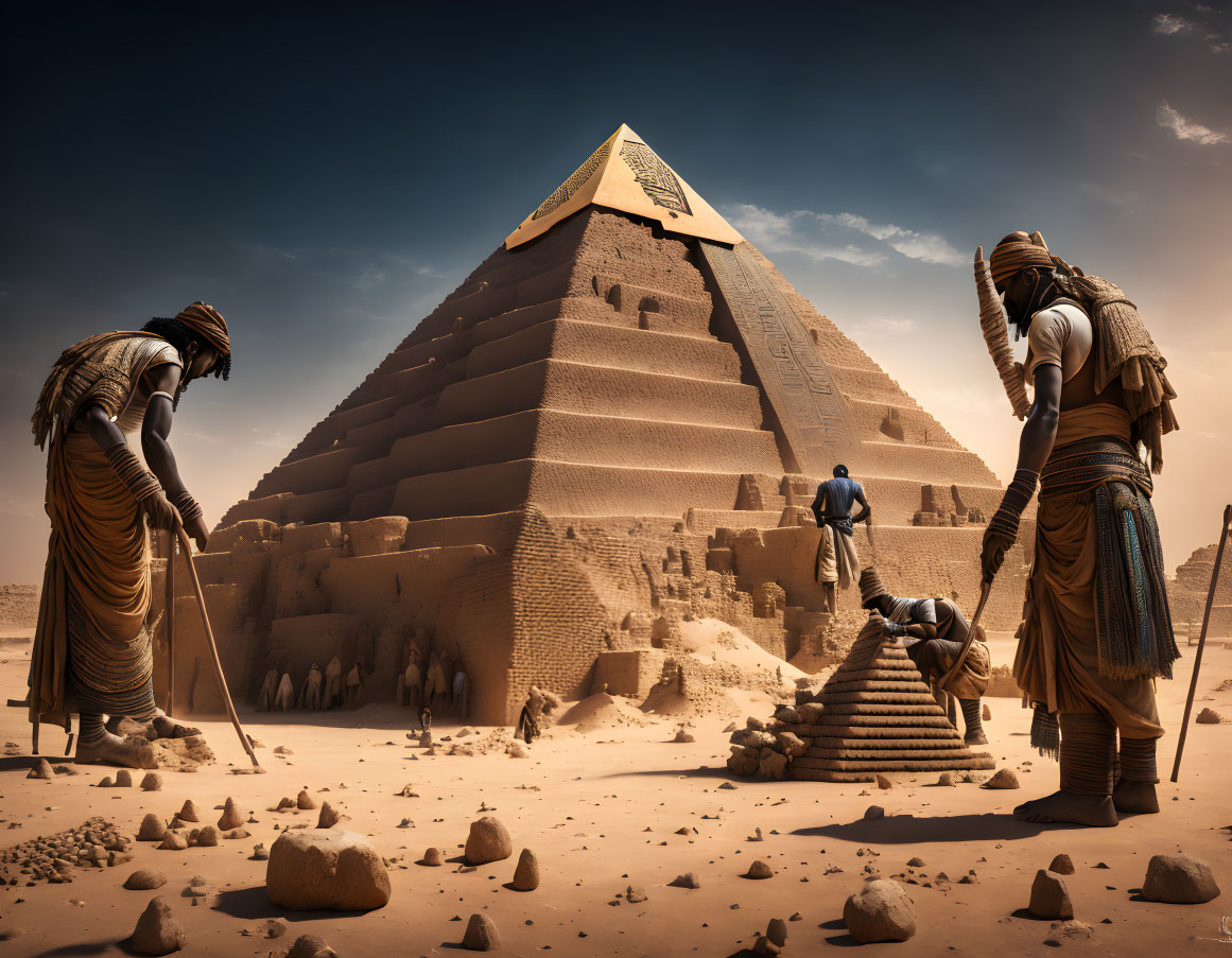Ancient Egyptian attire figures near pyramid with camels under hazy sky