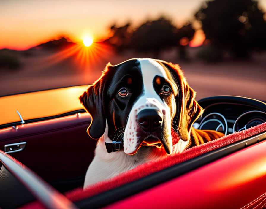 Soulful-eyed dog in red convertible at sunset on scenic road