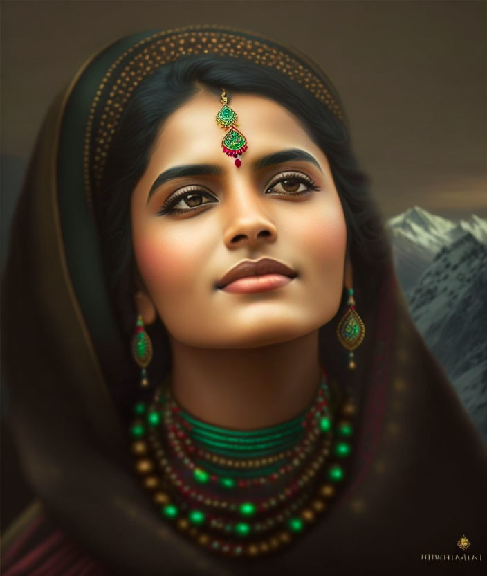 Portrait of woman with dark hair and Indian jewelry against mountain backdrop