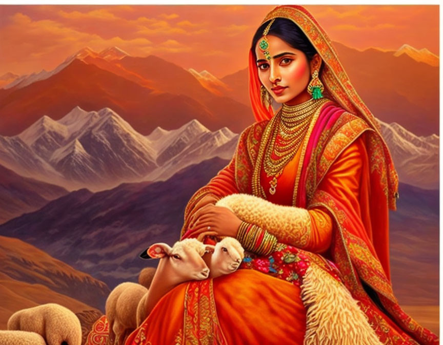Woman in South Asian attire holding a lamb with sheep and mountain backdrop at sunset