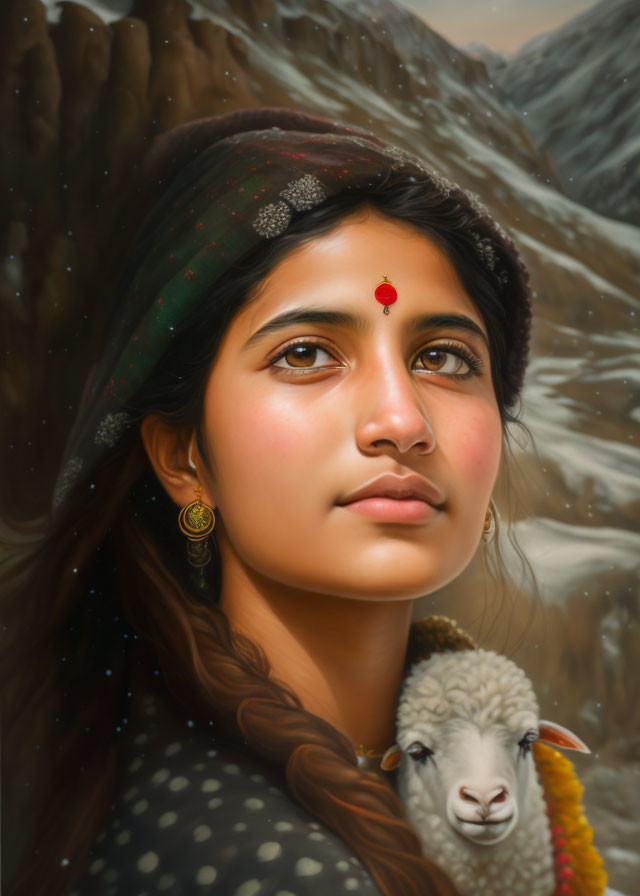 Young woman with headscarf, bindi, gold earrings and sheep against mountainous backdrop