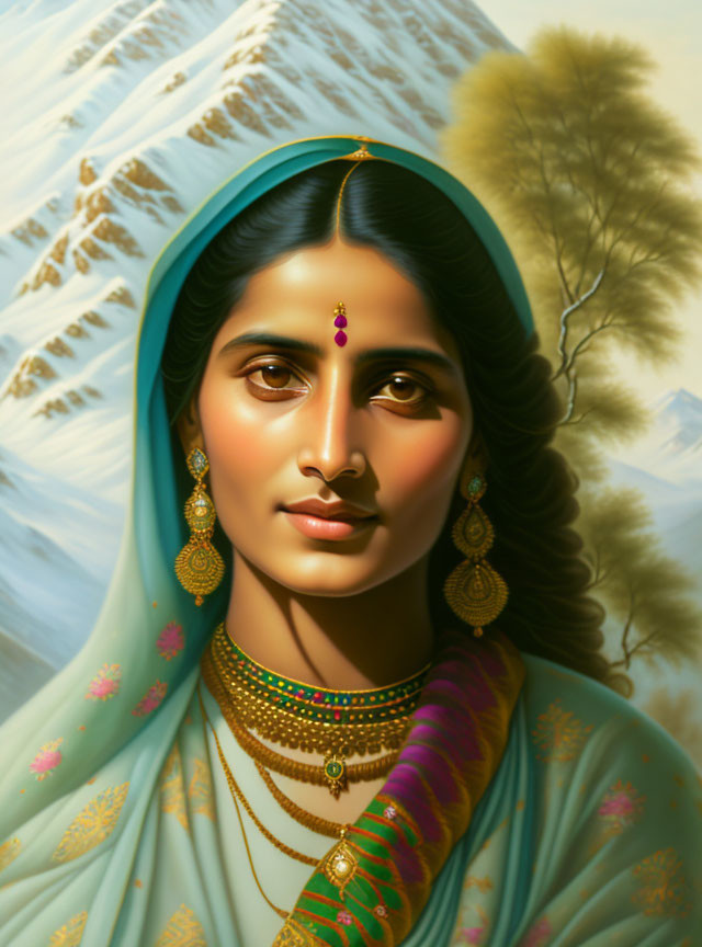 Traditional Attire Woman Portrait with Mountain Backdrop