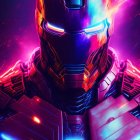 Iron Man's glowing helmet and chest reactor in cosmic setting