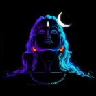 Vibrant neon illustration of person with long hair and crescent moon on forehead