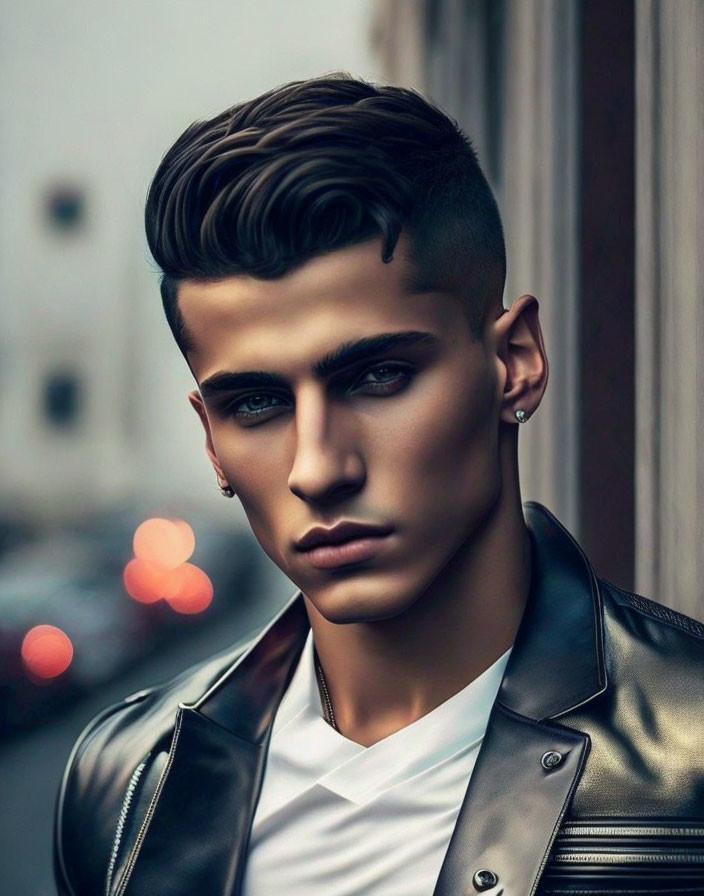 Stylish man portrait with leather jacket in urban setting
