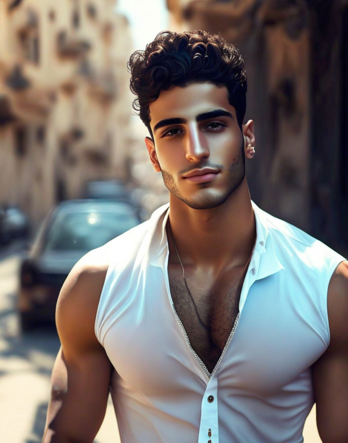 Curly-Haired Man in White Shirt Poses in Sunlit Alleyway