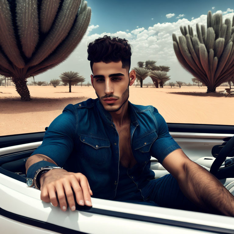 Fashionable man in convertible car in desert landscape with cacti