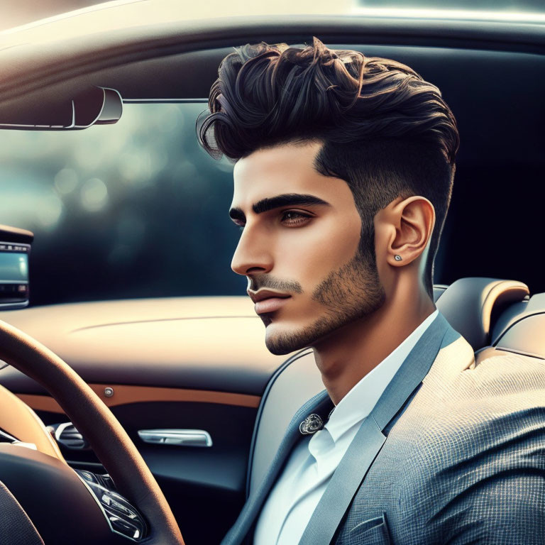 Fashionable man in suit with modern haircut and beard in luxury car.