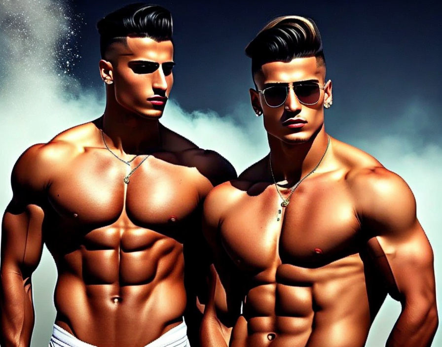 Two muscular individuals in sunglasses and necklaces on blue background
