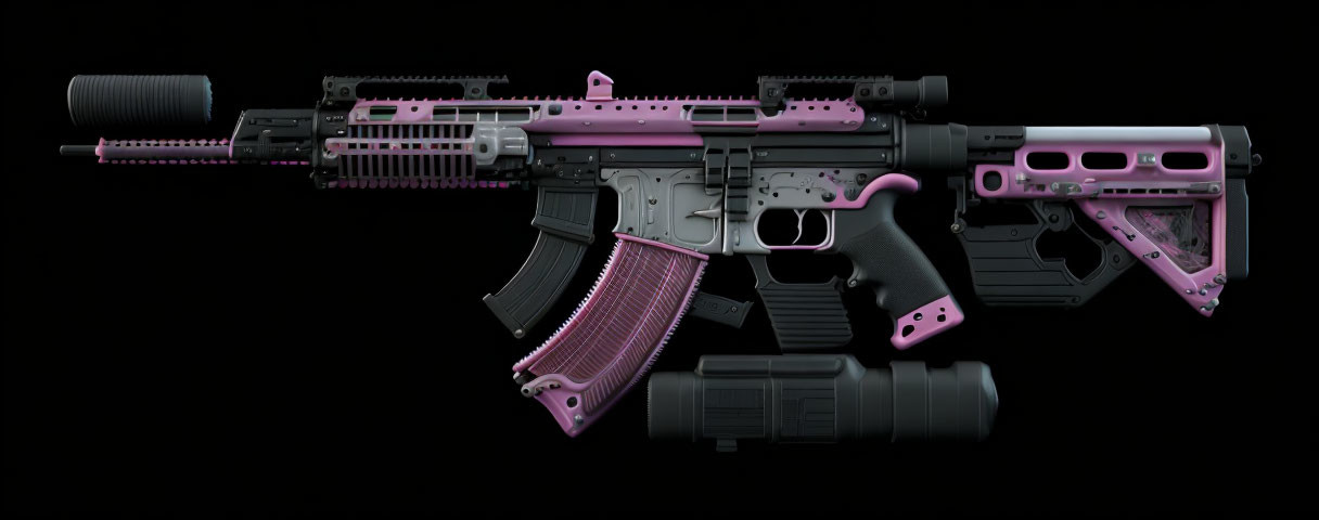 Pink and Black Camo AR-15 Style Rifle with Scope and Suppressor