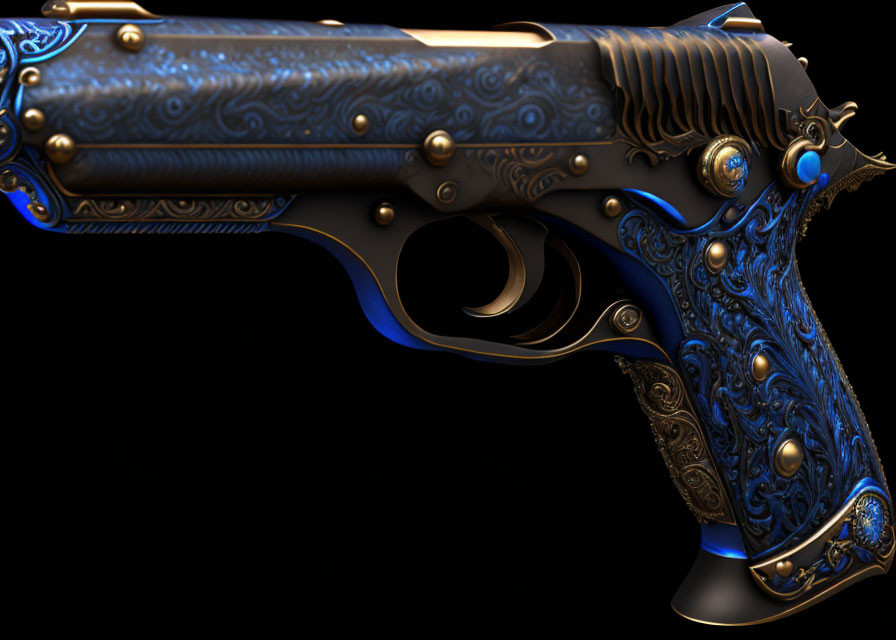 Ornate blue and gold patterned handgun on black background