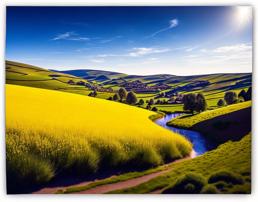 Scenic landscape: rolling hills, river, sunny sky, yellow flowers.