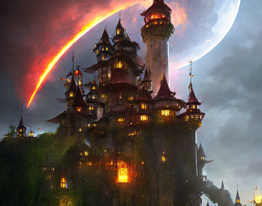 Majestic castle with glowing windows under night sky, moon, and comet in mystical setting