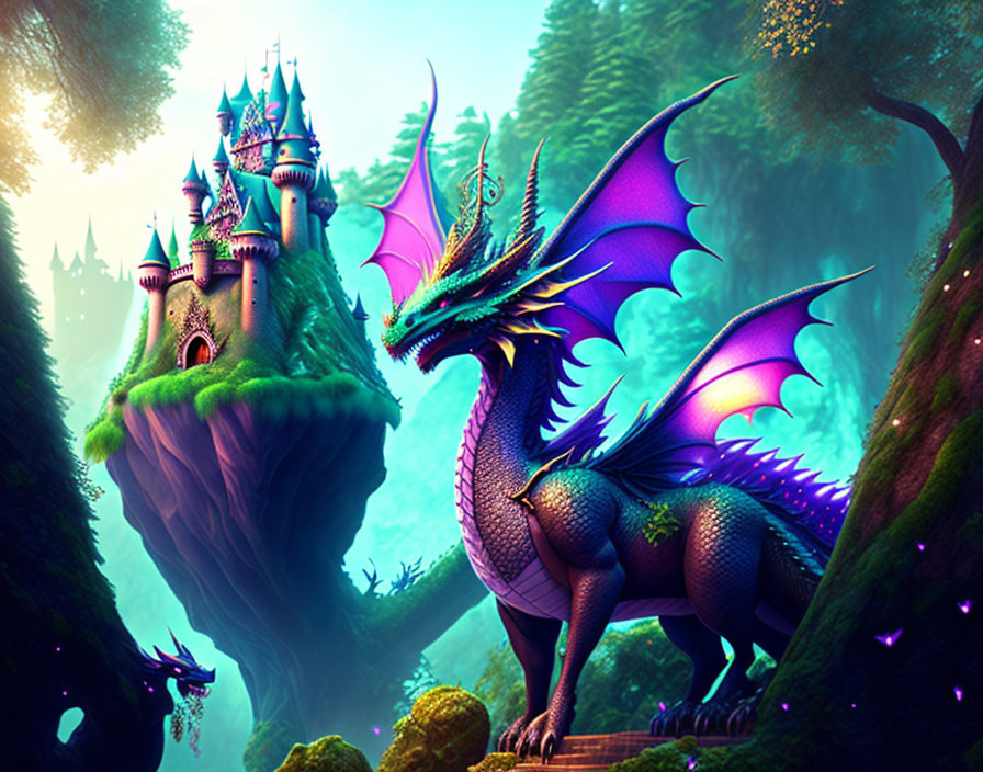 Purple dragon with expansive wings in fantasy landscape with floating castles and enchanted forest