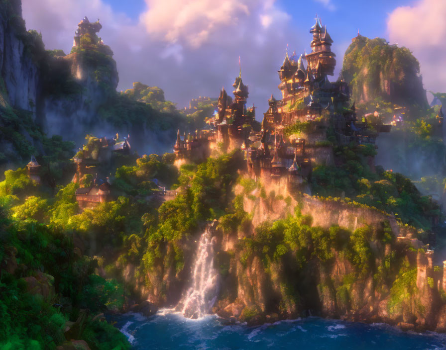Majestic castles on lush cliffs with cascading waterfalls