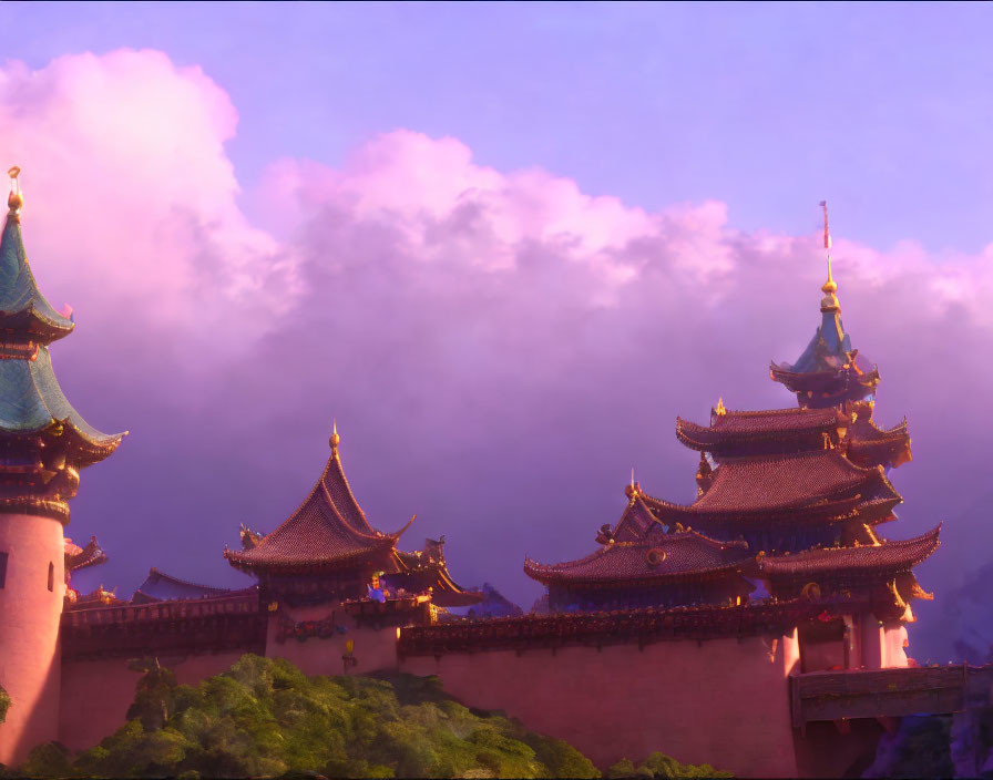 Traditional Asian-style architecture with tiered towers and roofs under a purple sky