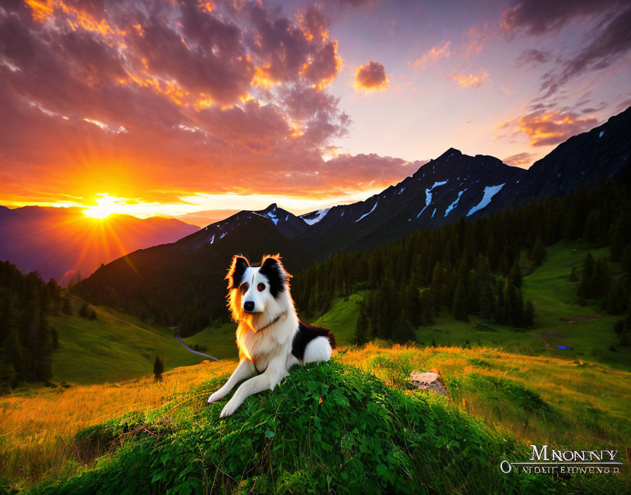 Border Collie on grassy hill with sunset skies and mountains