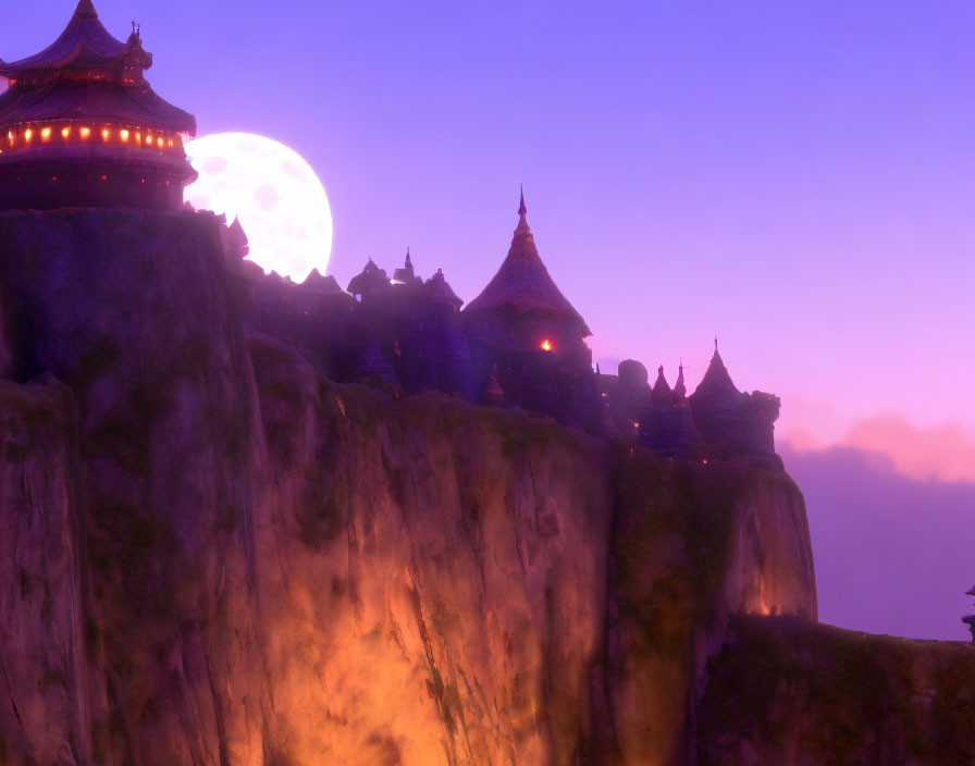 Mystical castle on cliff under full moon and purple sky