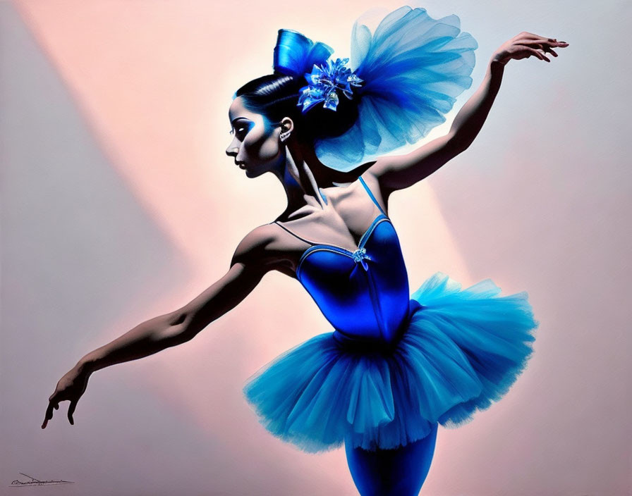 Graceful ballet dancer in blue tutu and leotard against pink and gray backdrop