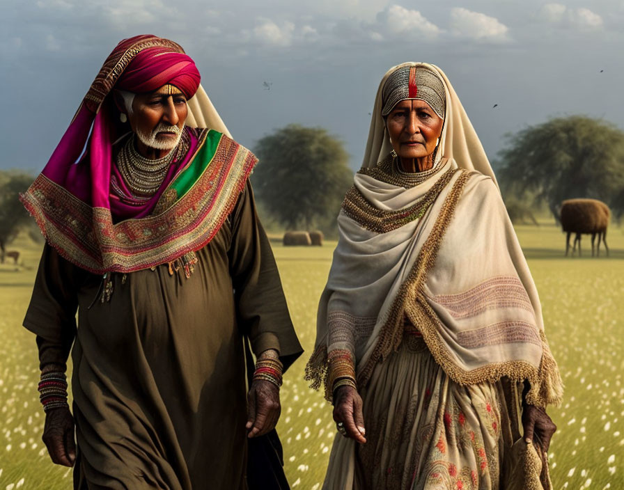 Elderly Indian couple in traditional attire walking in a field.