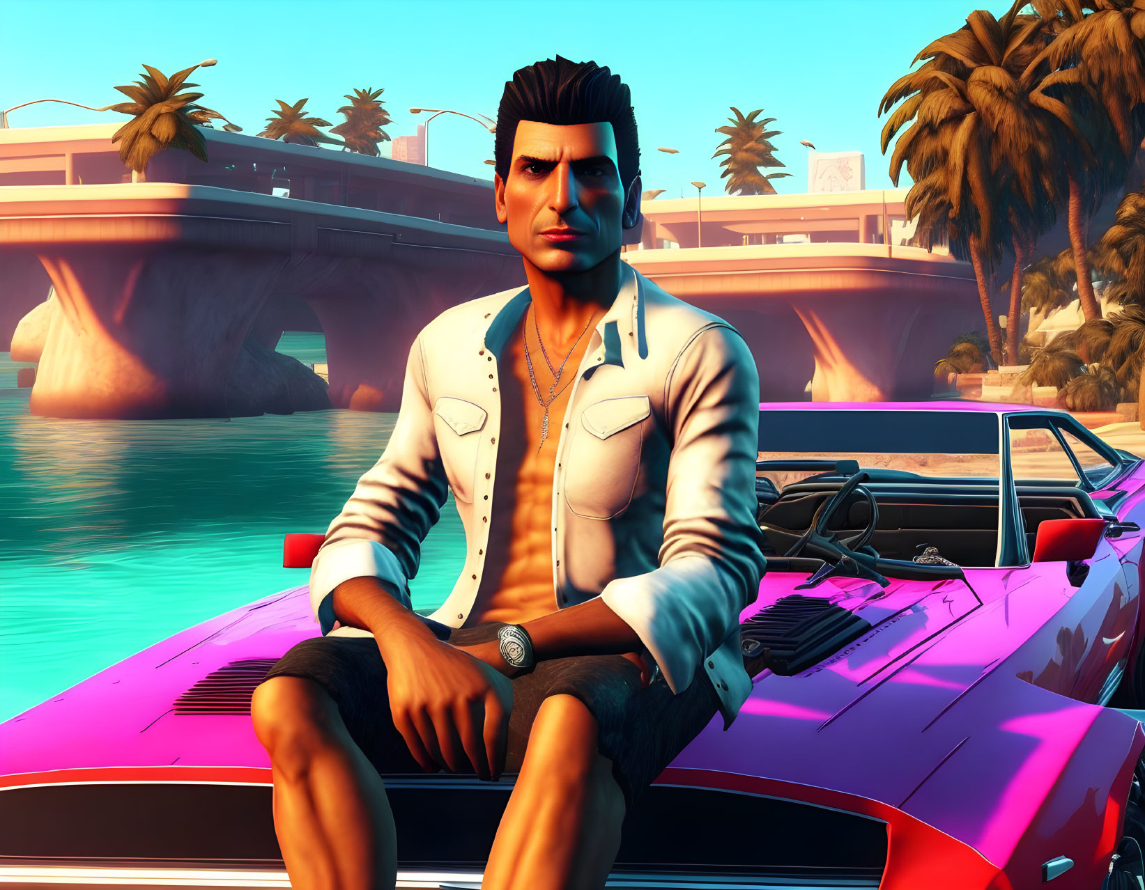 Male character with slicked-back hair in white jacket on pink convertible by sunny waterfront.