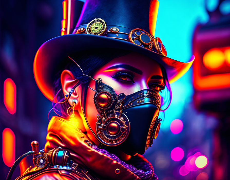 Steampunk woman in top hat, goggles, and mask in neon-lit city