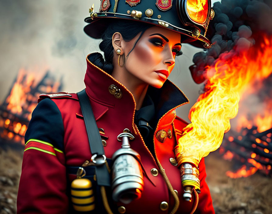Stylized woman in firefighter costume holding flaming object in fiery backdrop