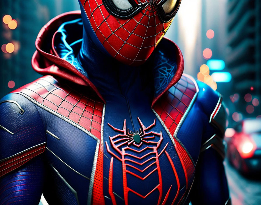 Detailed Spider-Man costume with vibrant red and blue suit and black spider emblem in city street