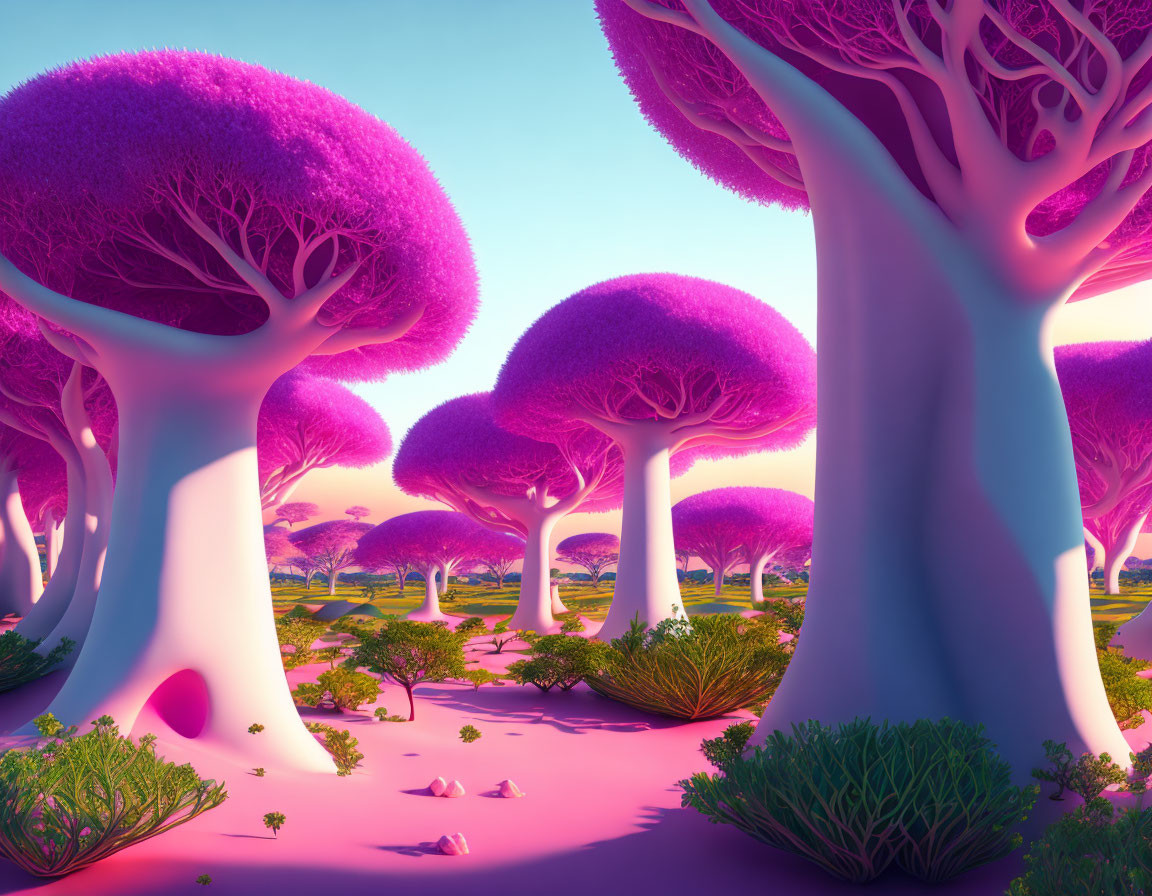 Fantasy-pink-biomorphic-lawns-landscape with many 