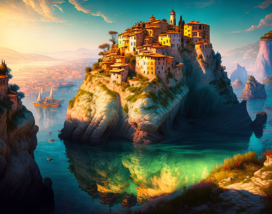 Scenic seaside town on cliffs with reflection and sailing boat