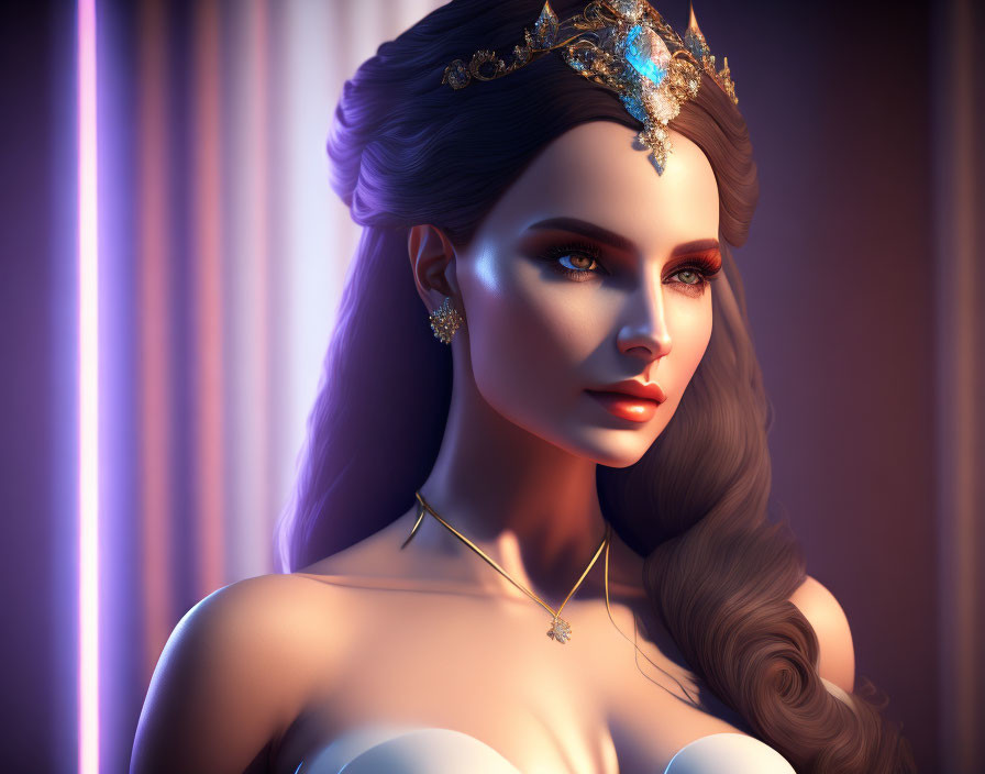 3D rendered image of woman with crown and elegant jewelry