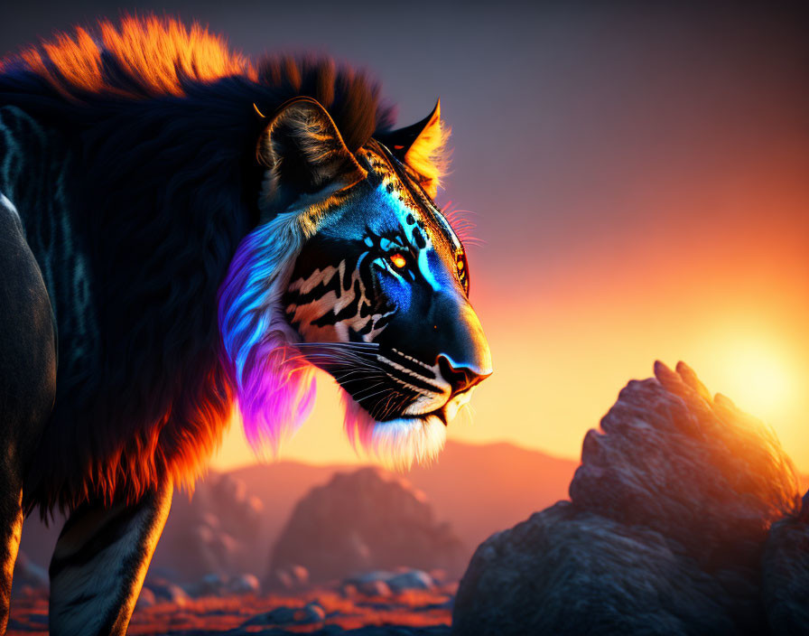 Colorful Stylized Lion with Ethereal Markings in Dramatic Sunset Setting