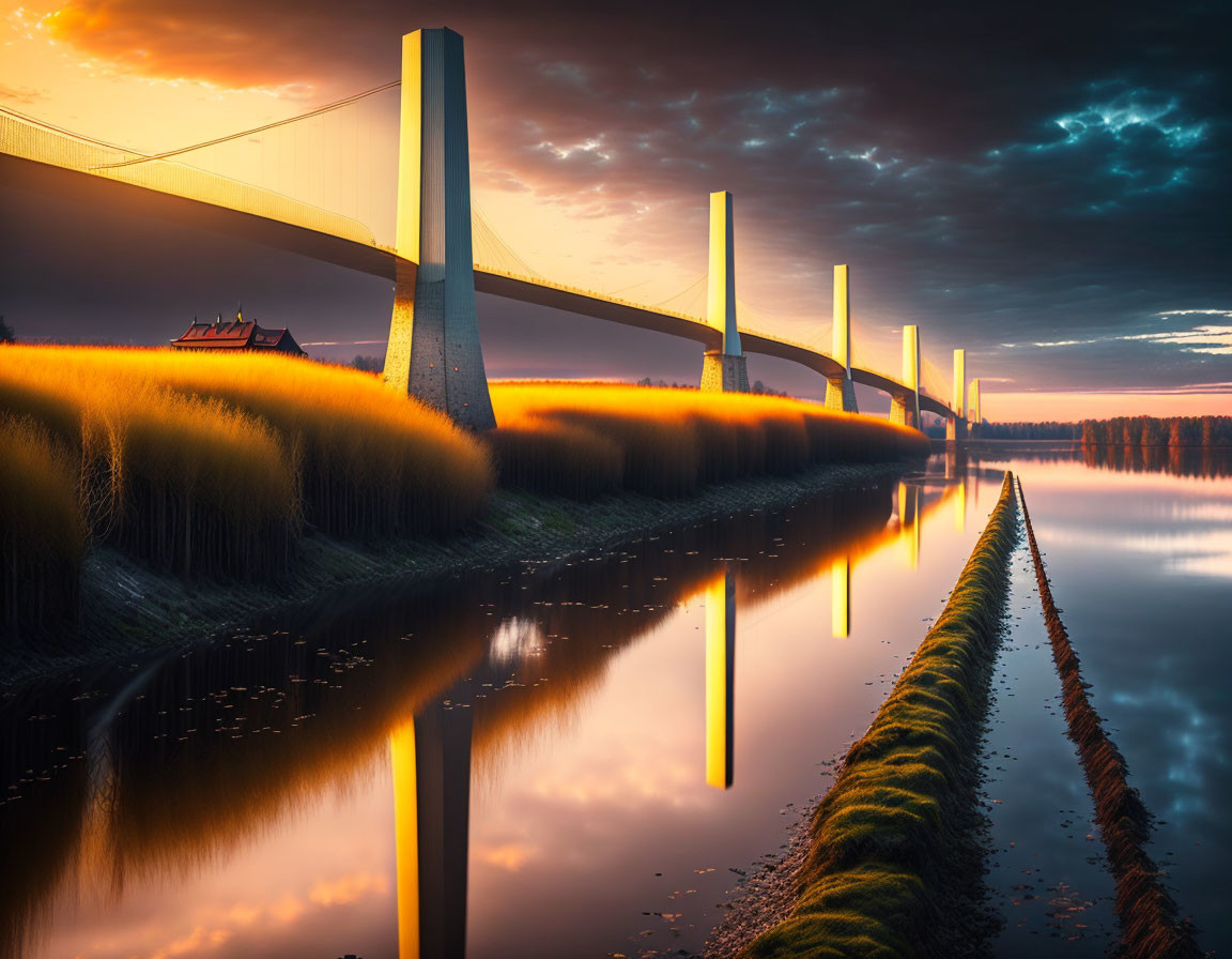 Modern bridge at sunset over calm river with lush surroundings