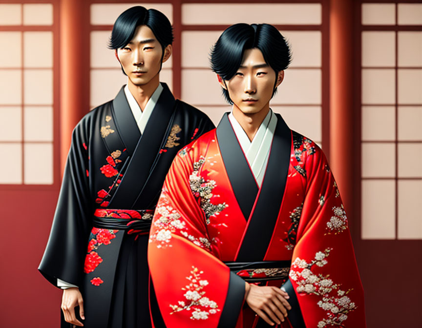 Illustrated characters in Japanese attire on red background with sliding doors
