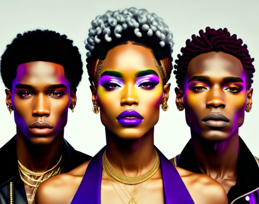 Three people showcasing striking makeup and styled hair against a pale background