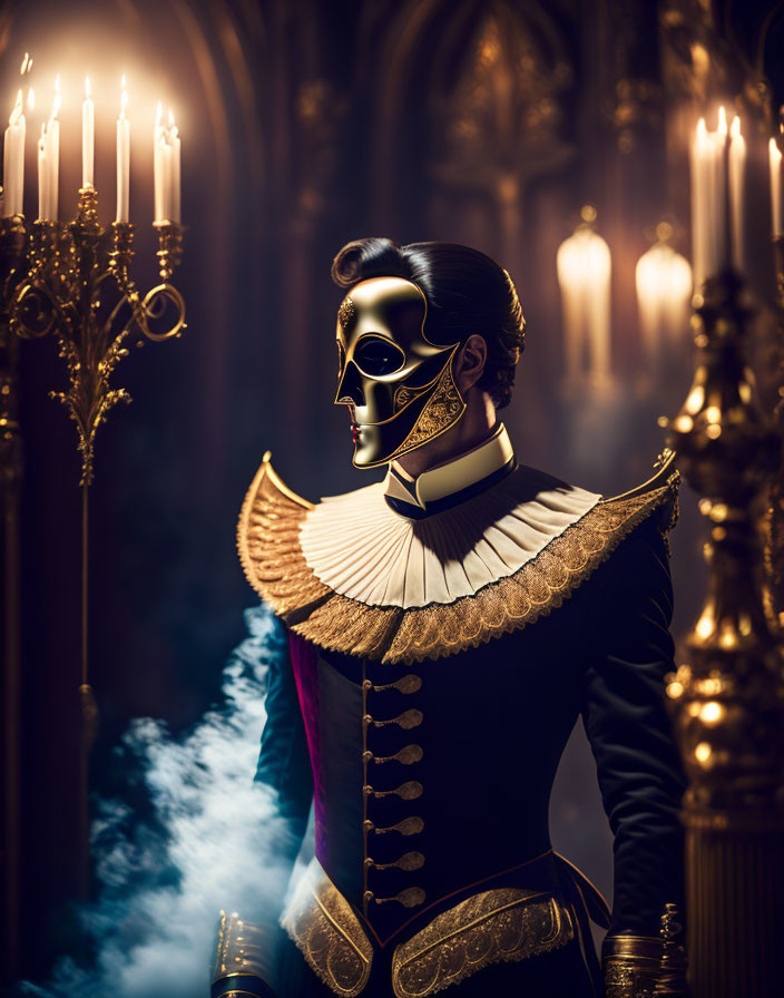 Mysterious Figure in Ornate Costume with Black Mask and Candlelight