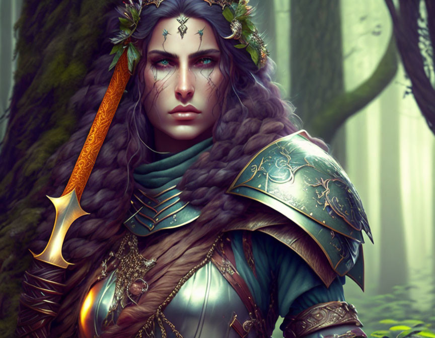 Fantasy female elf warrior in ornate armor with leaf crown and mystical symbol in forest