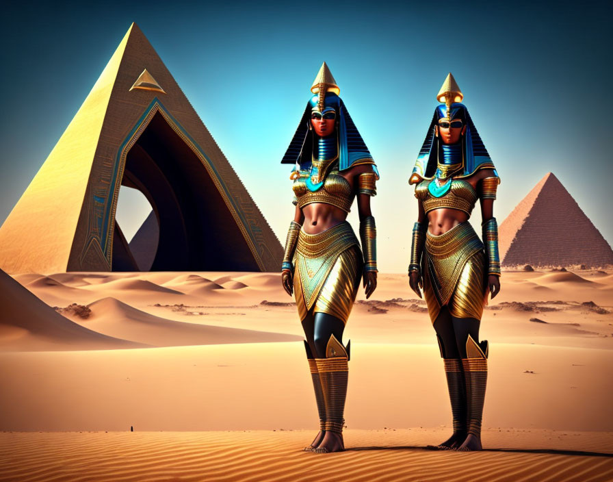 Ancient Egyptian-style figures in desert with pyramids and Anubis structure