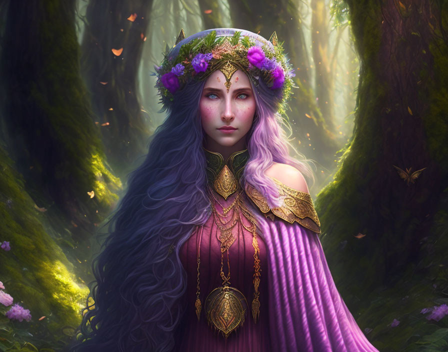 Violet-haired woman in purple dress with golden leaf crown in enchanted forest