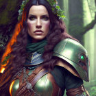 Fantasy female elf warrior in ornate armor with leaf crown and mystical symbol in forest