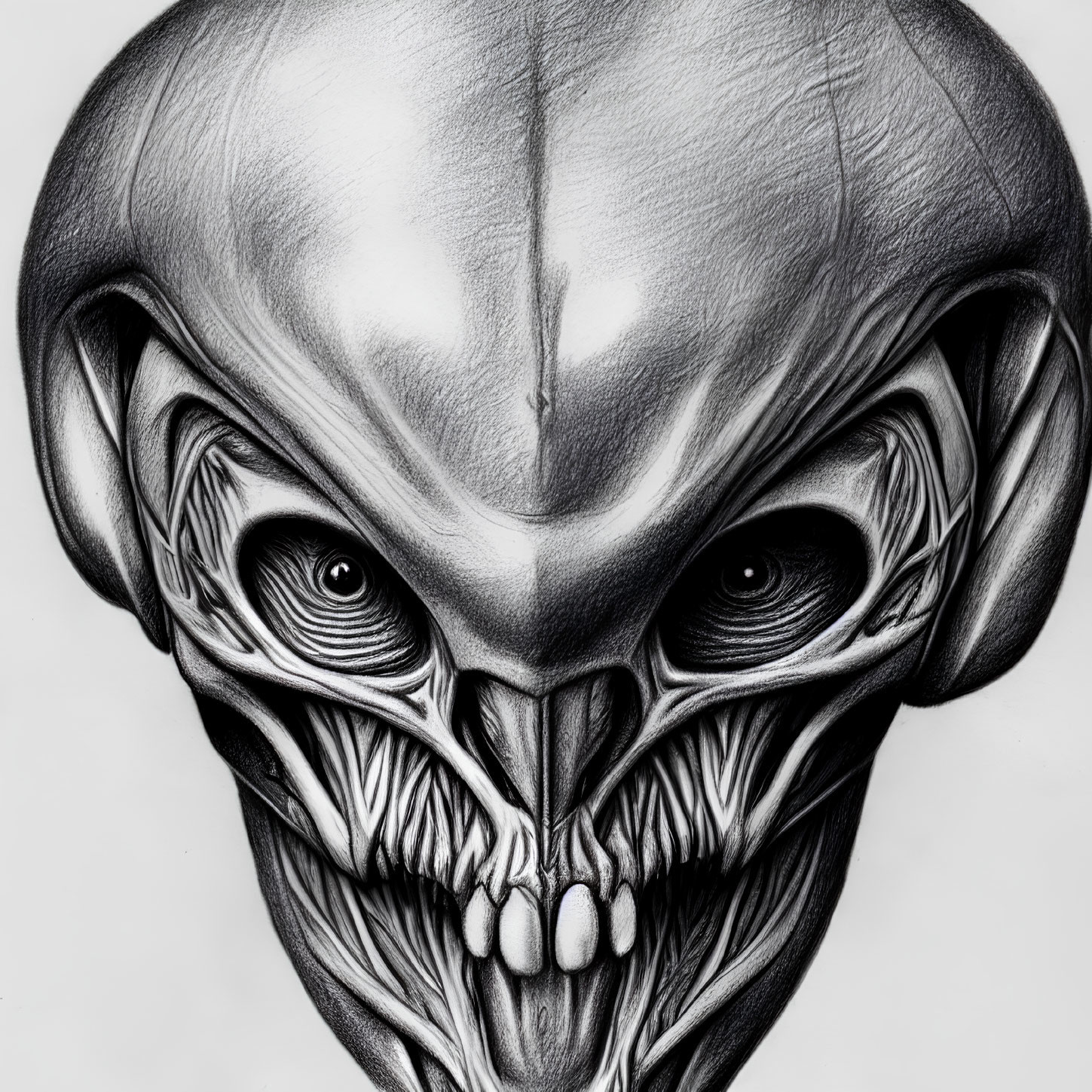 Detailed pencil drawing of alien-like skull with dark eye sockets and intricate textures, featuring a sinister look