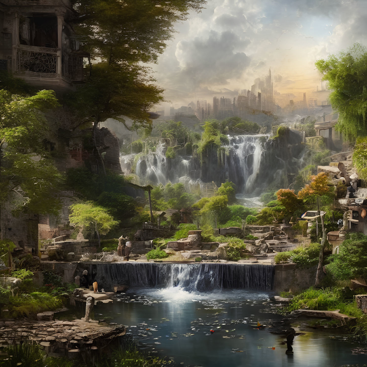Tranquil fantasy landscape with waterfalls, river, ruins, greenery, and skyscrapers